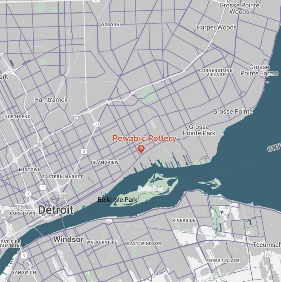 A map of the Detroit area focuses on a dropped pin showing Pewabic Pottery's location.