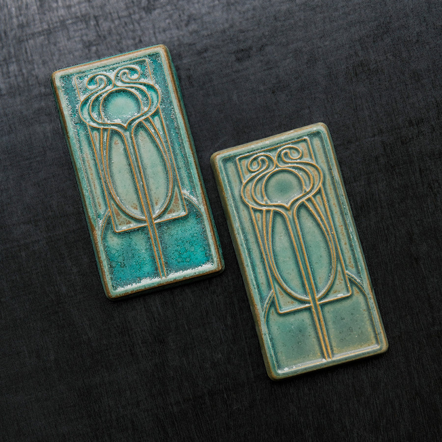 This tile features the crystalline, shimmering deep green Viridian glaze.