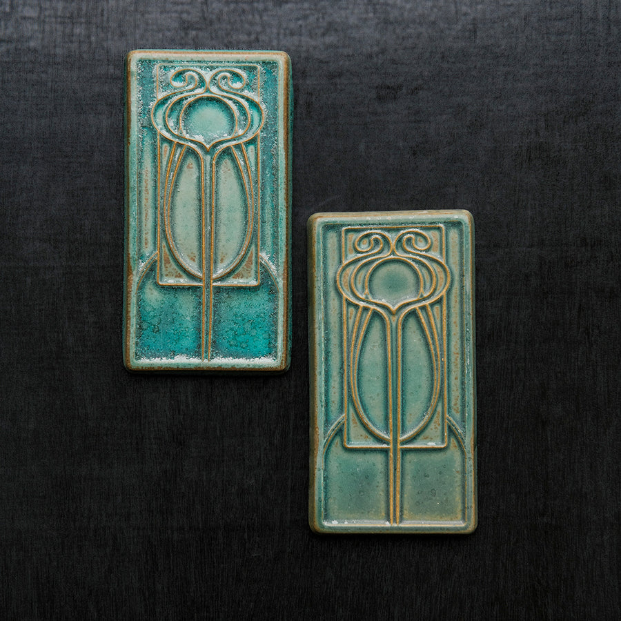 This tile features the crystalline, shimmering deep green Viridian glaze.