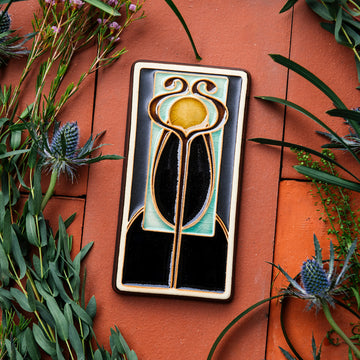 A Hand-Painted Stickley Tile in our glossy, multi-colored "Obsidian" palette. 