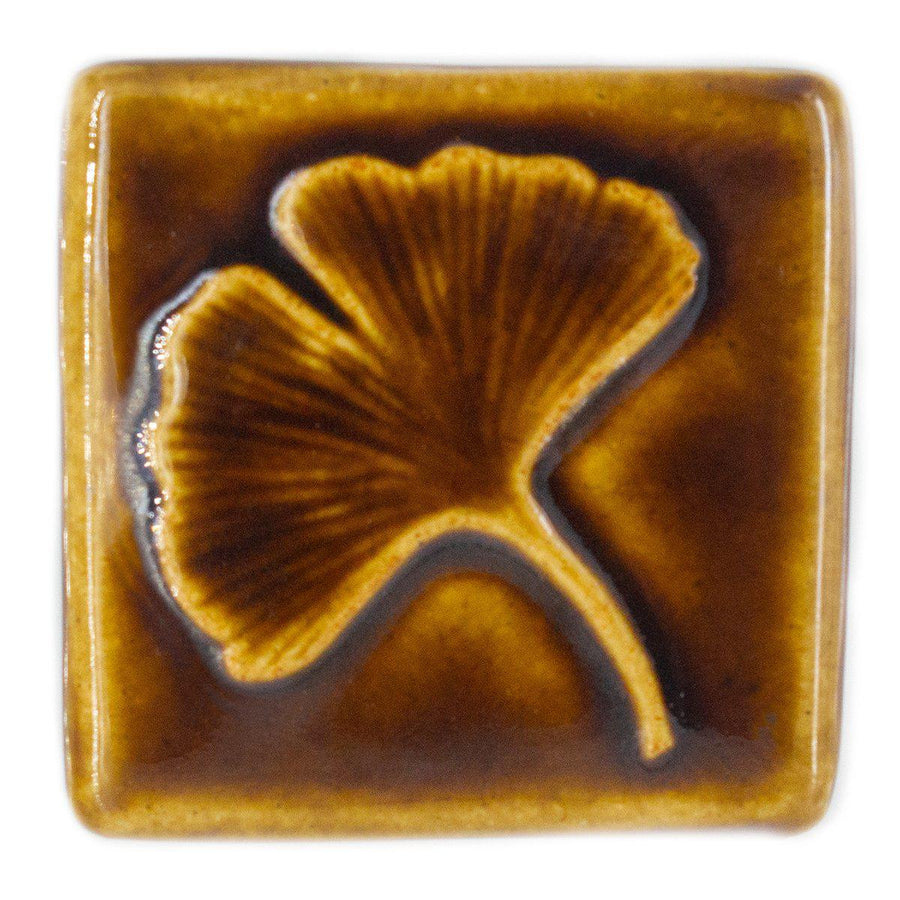 This Ginkgo Tile features the glossy earthy brown Molasses glaze.