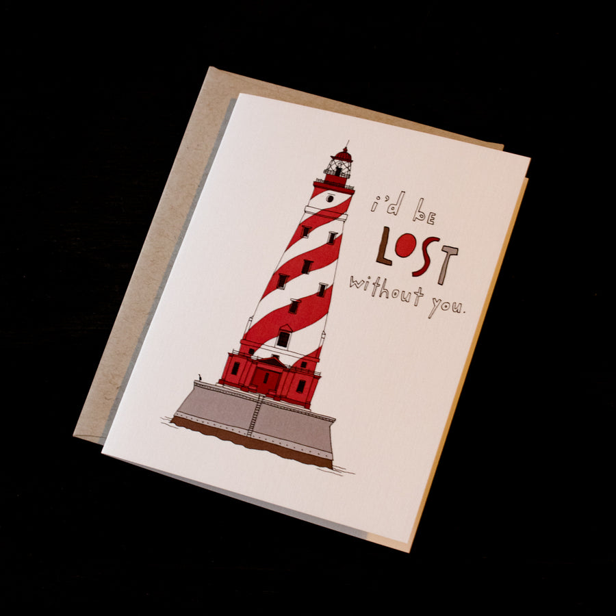 This white greeting card features an illustration of a red and white striped lighthouse. The words "I'd be lost without you." are written next to it.