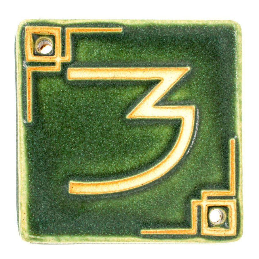 The Craftsman style ceramic 3 address number is in the matte green Leaf glaze option.