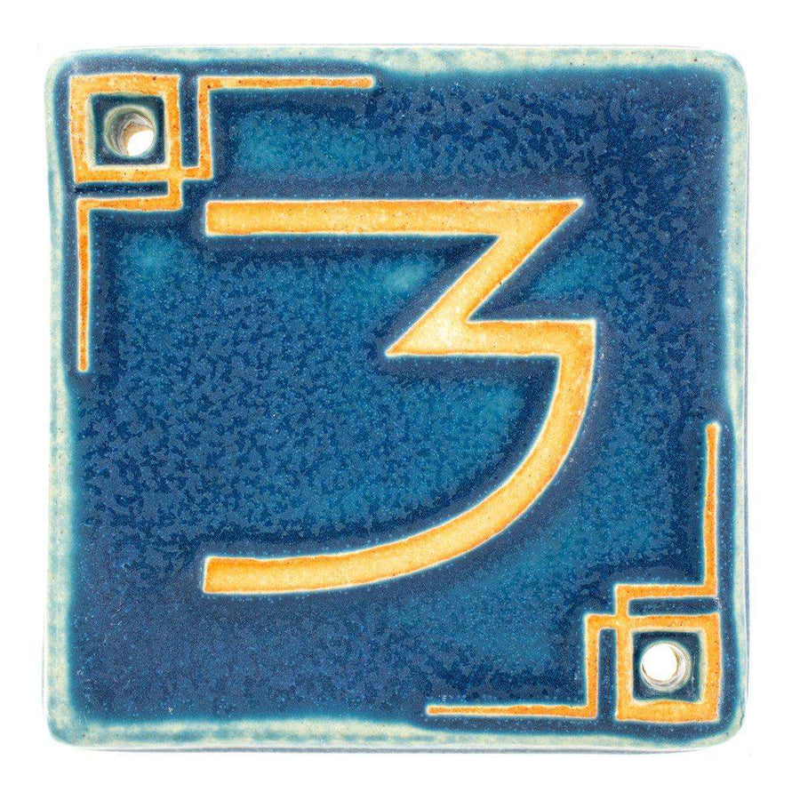 The Craftsman style ceramic 3 address number is in the matte blue Peacock glaze option.