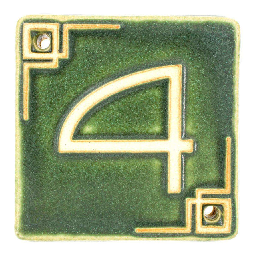 The Craftsman style ceramic 4 address number is in the matte green Leaf glaze option.