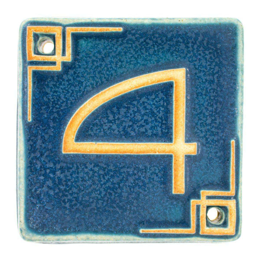 The Craftsman style ceramic 4 address number is in the matte blue Peacock glaze option.