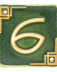 The Craftsman style ceramic 6 address number is in the matte green Leaf glaze option.