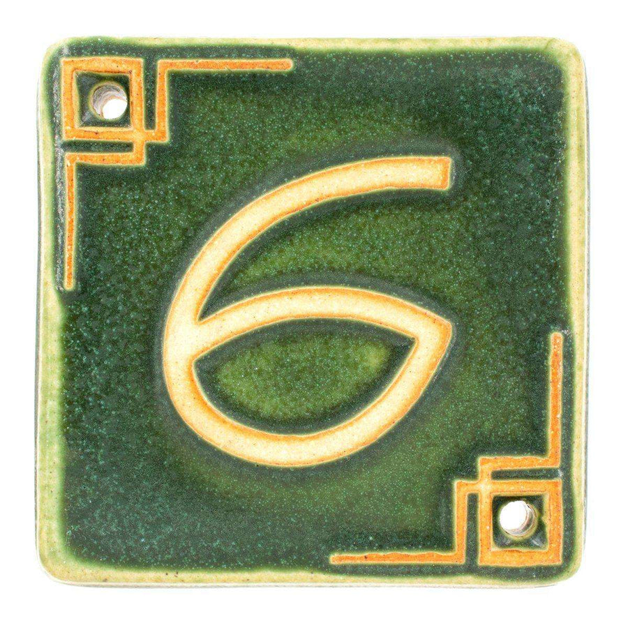 The Craftsman style ceramic 6 address number is in the matte green Leaf glaze option.