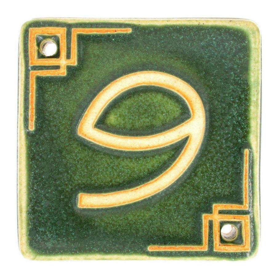 The Craftsman style ceramic 9 address number is in the matte green Leaf glaze option.