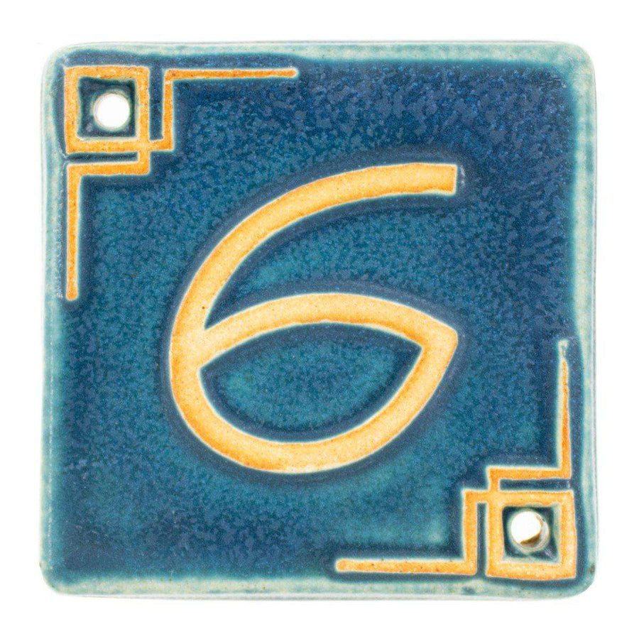 The Craftsman style ceramic 6 address number is in the matte blue Peacock glaze option.