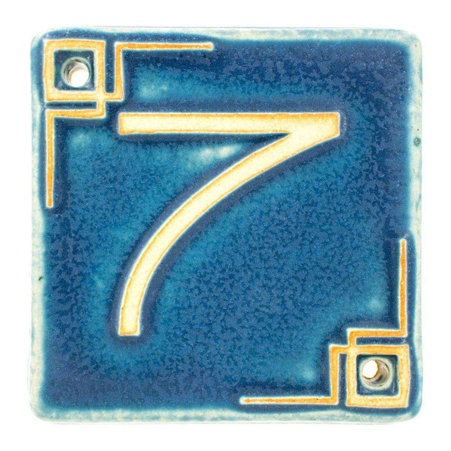 The Craftsman style ceramic 7 address number is in the matte blue Peacock glaze option.