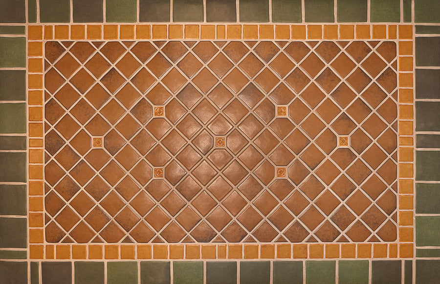 Bayleaf glazed tiles make up the trim of this foyer detail shot with a warm, chestnut glazed center. 