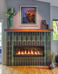 Straight on view of a custom Pewabic fireplace incorporating Midcentury Modern design elements with an Aurora Iridescent Saarinen-inspired tile border.