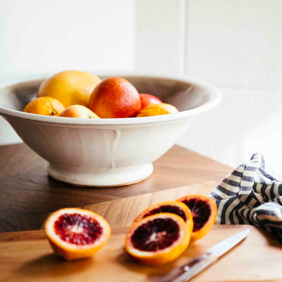 This Harvest Bowl features the creamy white Birch glaze that has some brown speckling and a gray interior color.