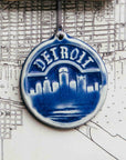 This Detroit Ornament features the matte powder blue Steel glaze.