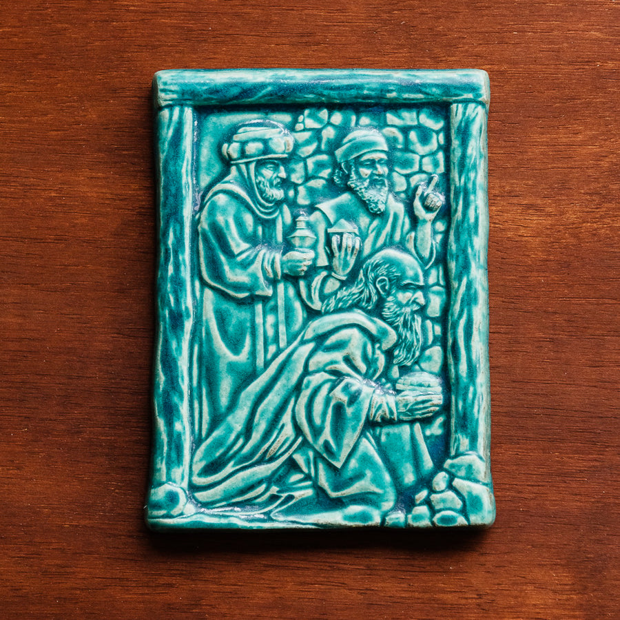 This tile features the matte turquoise Pewabic Blue glaze.