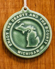 This Michigan Ornament features the matte organic green Leaf glaze.