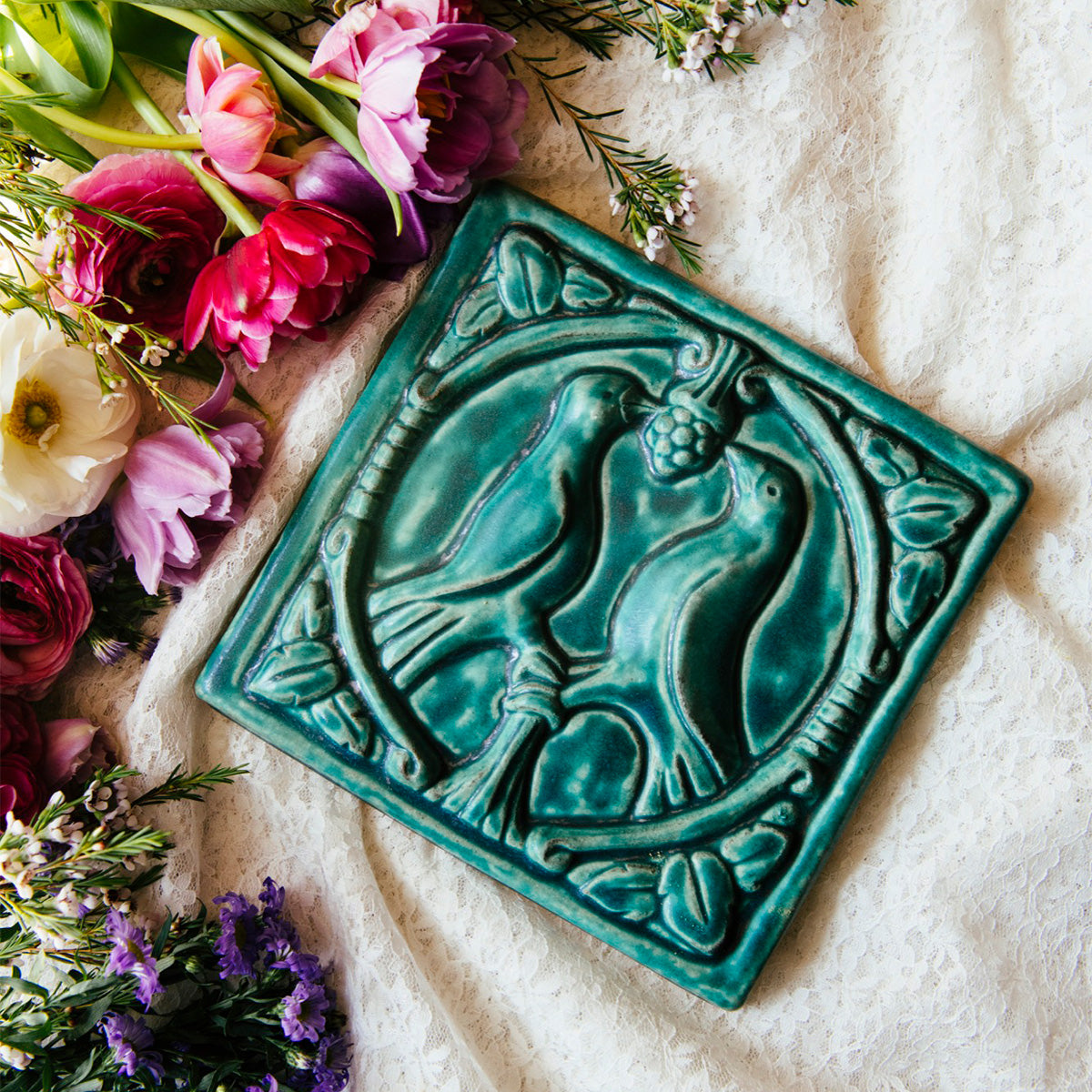 The Lovebirds Tile in Pewabic Blue.