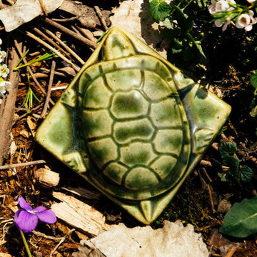 This thick high relief paperweight has the shape of a small turtle. It has detailed feet, face, and shell and sits on a square base.