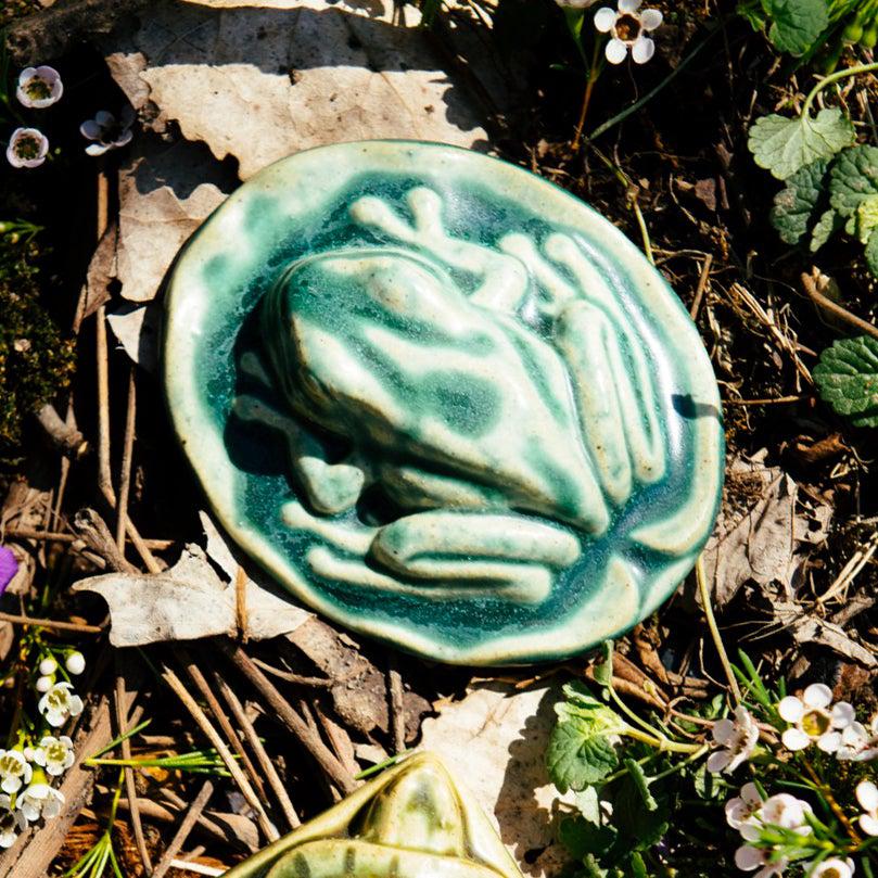 The Frog Paperweight has an oval bottom in the shape of a small lily pad. The high-relief tree frog sits on top- this paperweight is detailed and thick. 