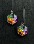 The Hex Earrings with a brushed bronze hex featuring the bright colored triangles on silver loops.