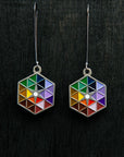 The Hex Earrings with a brushed silver hex featuring the bright colored triangles on silver loops.