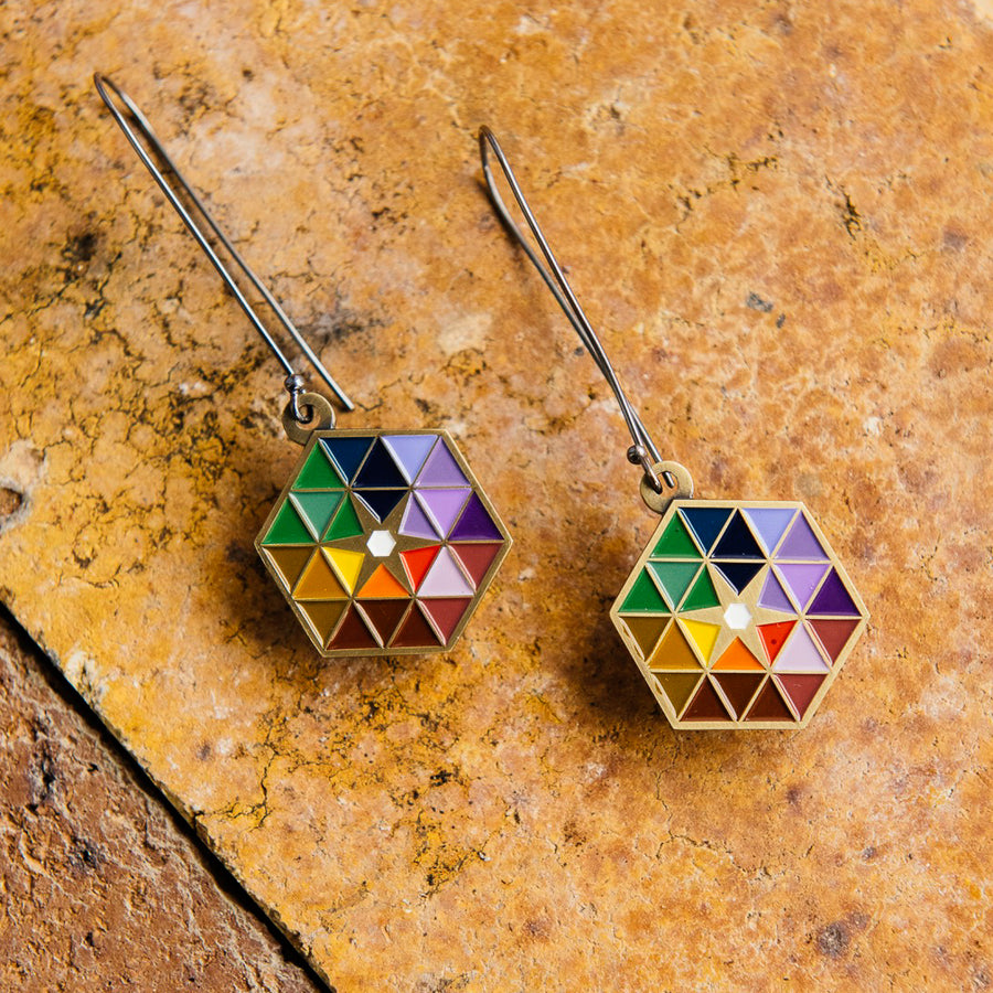 A pair of Hex Earrings rest on a brick surface.