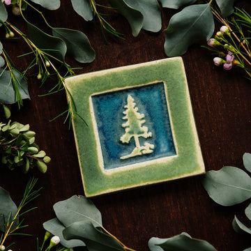 The Pine Tree Tile features a 3D outline of a pine tree inside of a thick, smooth square border.