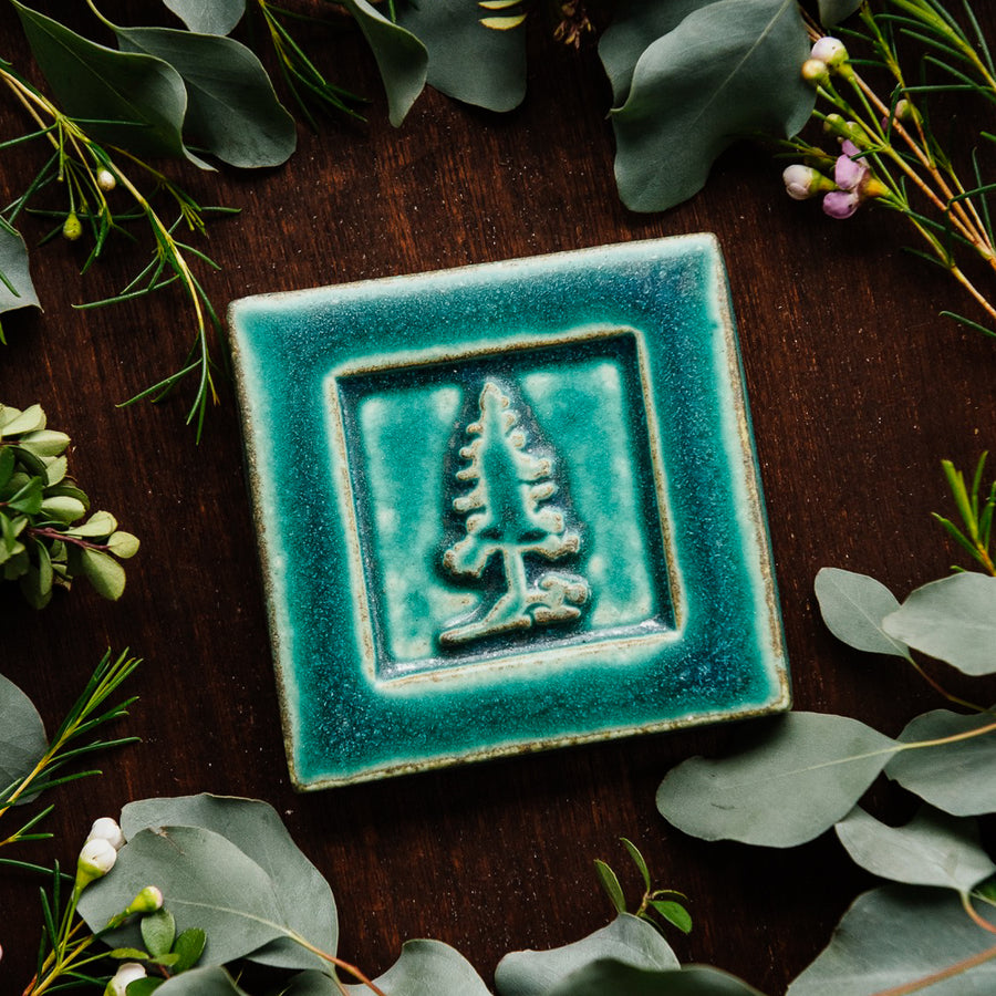 The Pine Tree Tile features a 3D outline of a pine tree inside of a thick, smooth square border. This tile features the matte turquoise Pewabic Blue glaze.