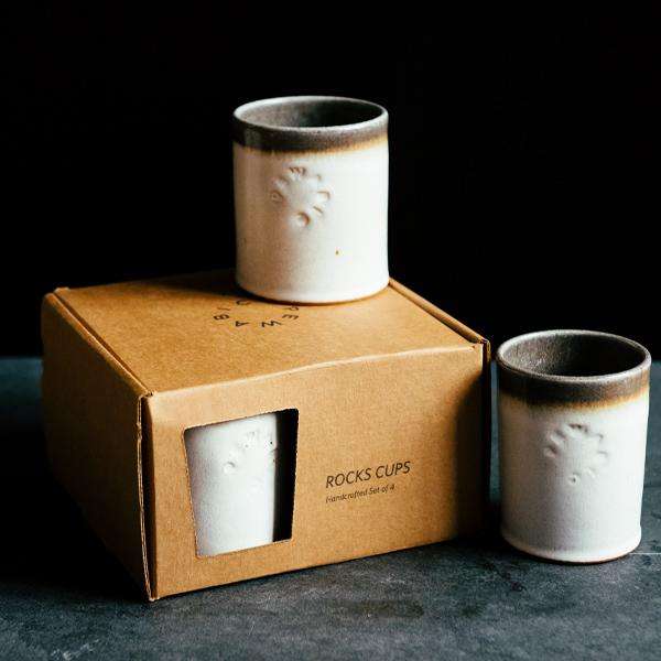 The set of four Rocks Cups come in a high-quality cardboard box that can be reused to store the cups. These Rocks cups feature the creamy white Birch glaze that has some brown speckling. The inner lining and lip of the cup have a mottled gray color.