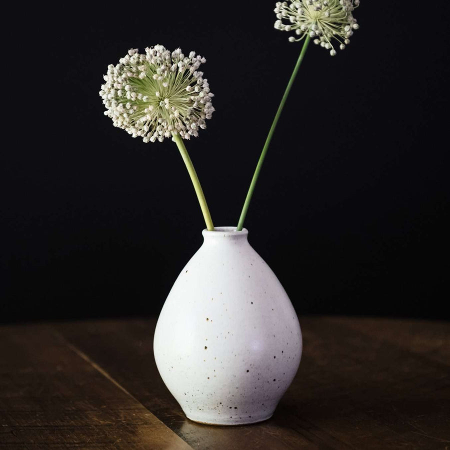 A vase holds white alien looking flowers, its Birch glaze features lots of brown speckling.