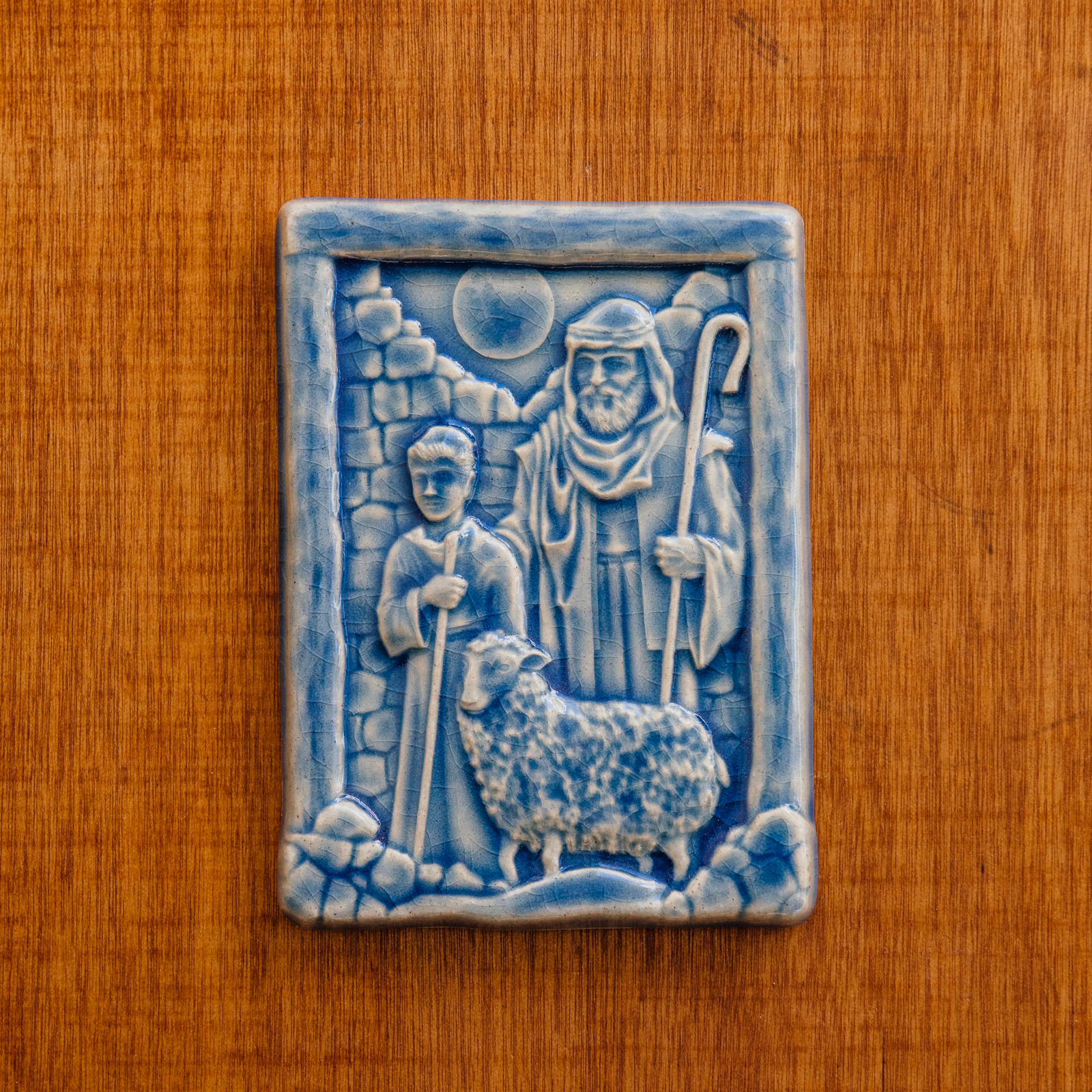 This tile features the glossy steel blue Celestite Glaze.