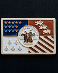 Hand-painted Detroit Flag tile stands out against a dark, black-stained wooden background.