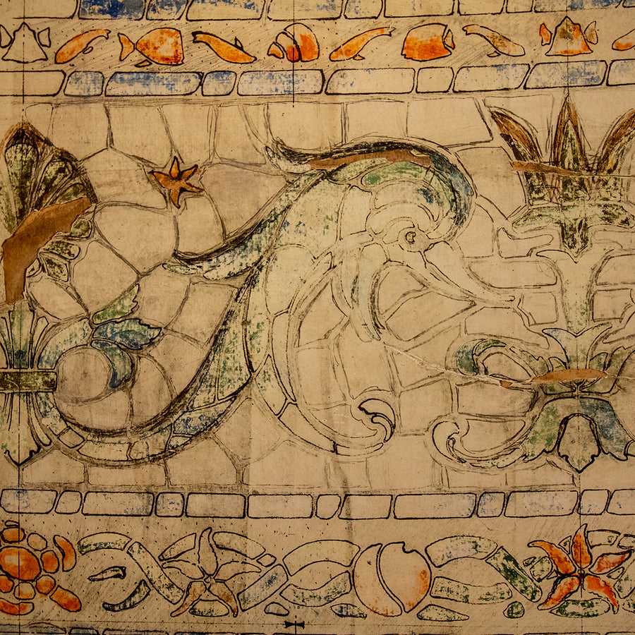 This architectural drawing of the tile work in the Scott Fountain. Fish, crabs, shells and starfish dot the ornate design. 