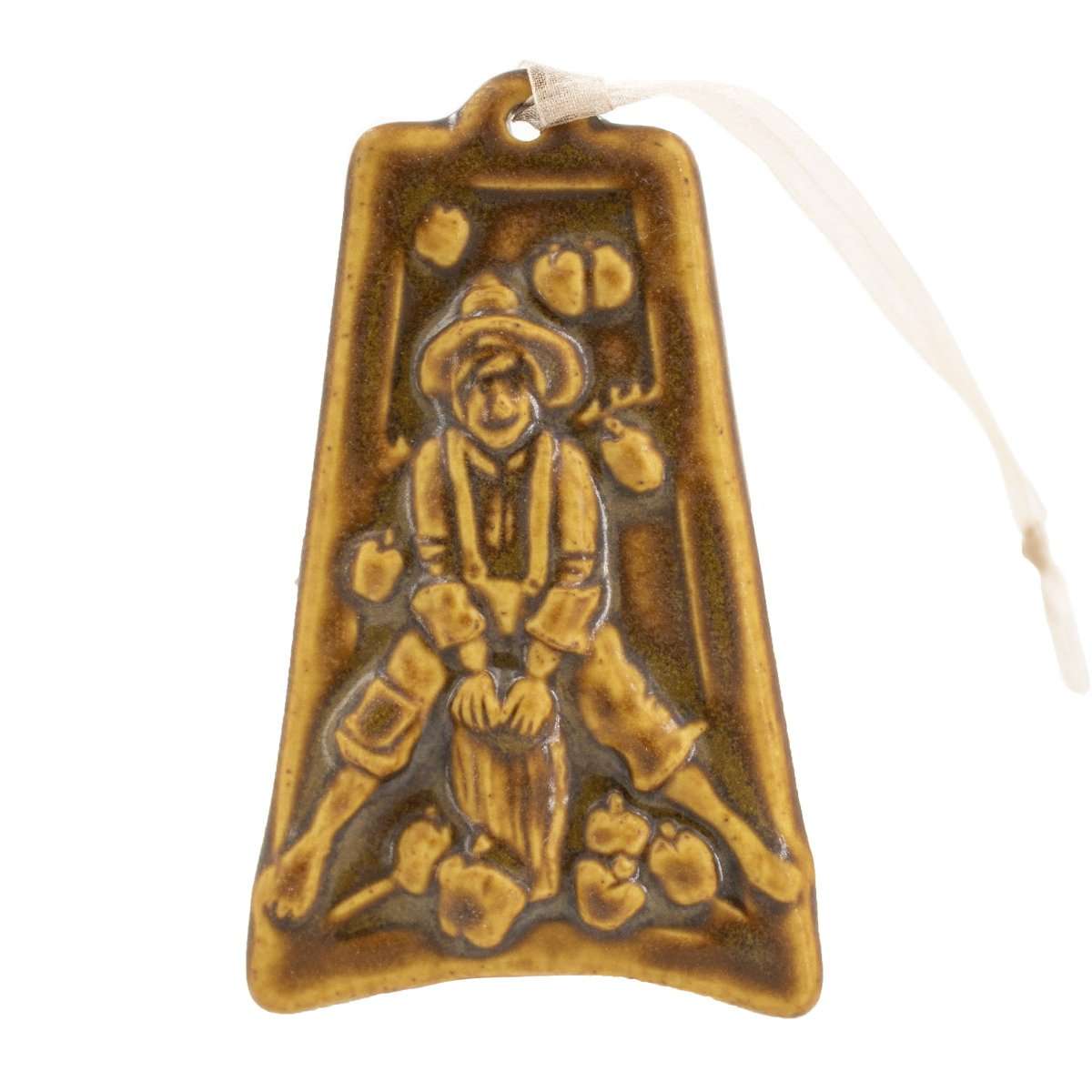 This ornament comes in a matte brown glaze with a pale golden ribbon.