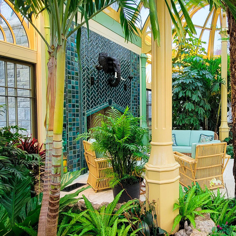 Sideview of the custom fireplace surrounded by lush, tropical plants.