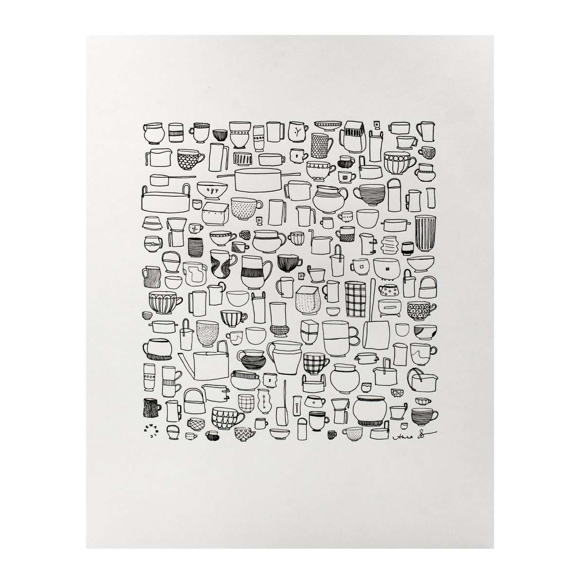 The On The Rocks Letterpress Print has a creamy white background with black line drawings of many different shapes and sizes of cups and mugs.