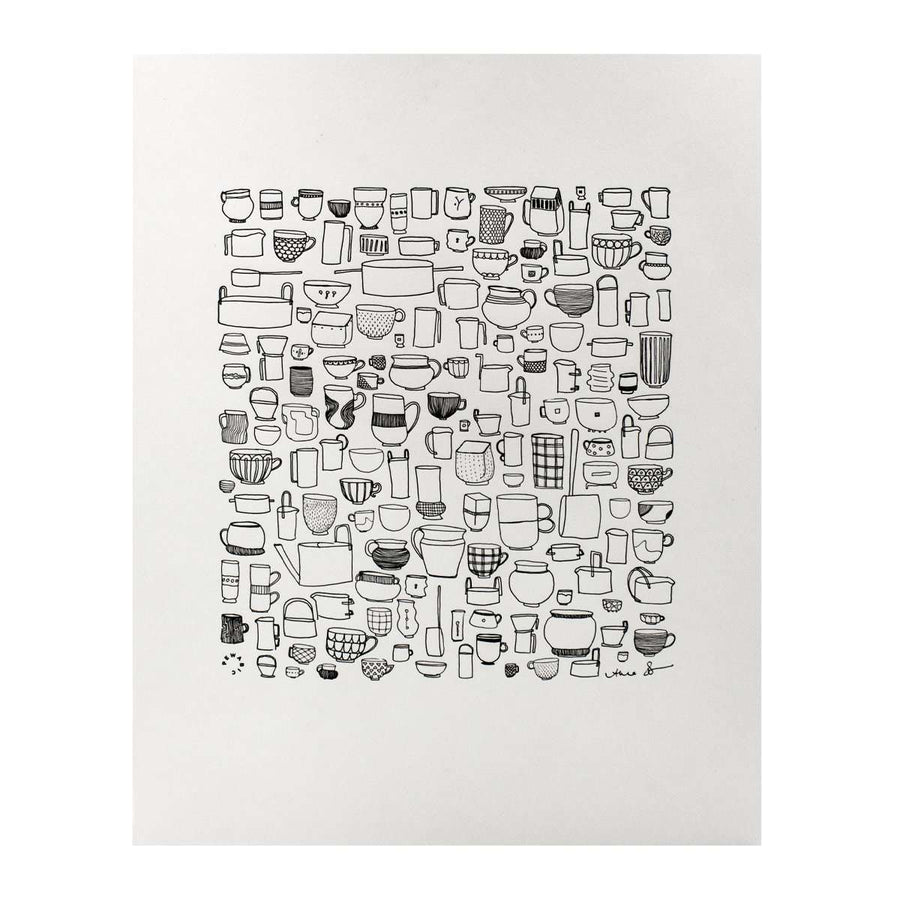 The On The Rocks Letterpress Print has a creamy white background with black line drawings of many different shapes and sizes of cups and mugs.