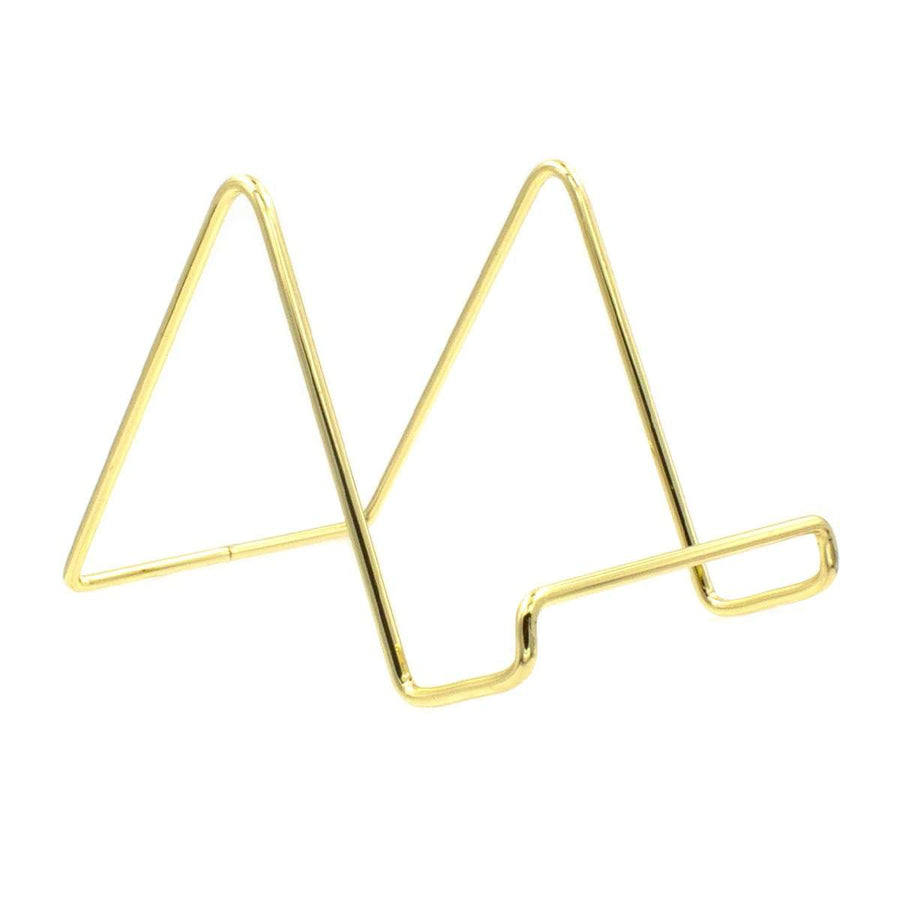 Angled view of 4" gold wire frame stand on white background