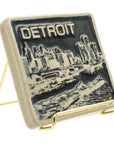 4x4 Detroit skyline tile rests in a 3" gold wire frame stand.
