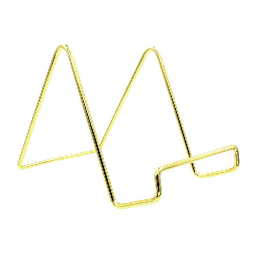 Angled view of 3" gold wire frame stand on white background