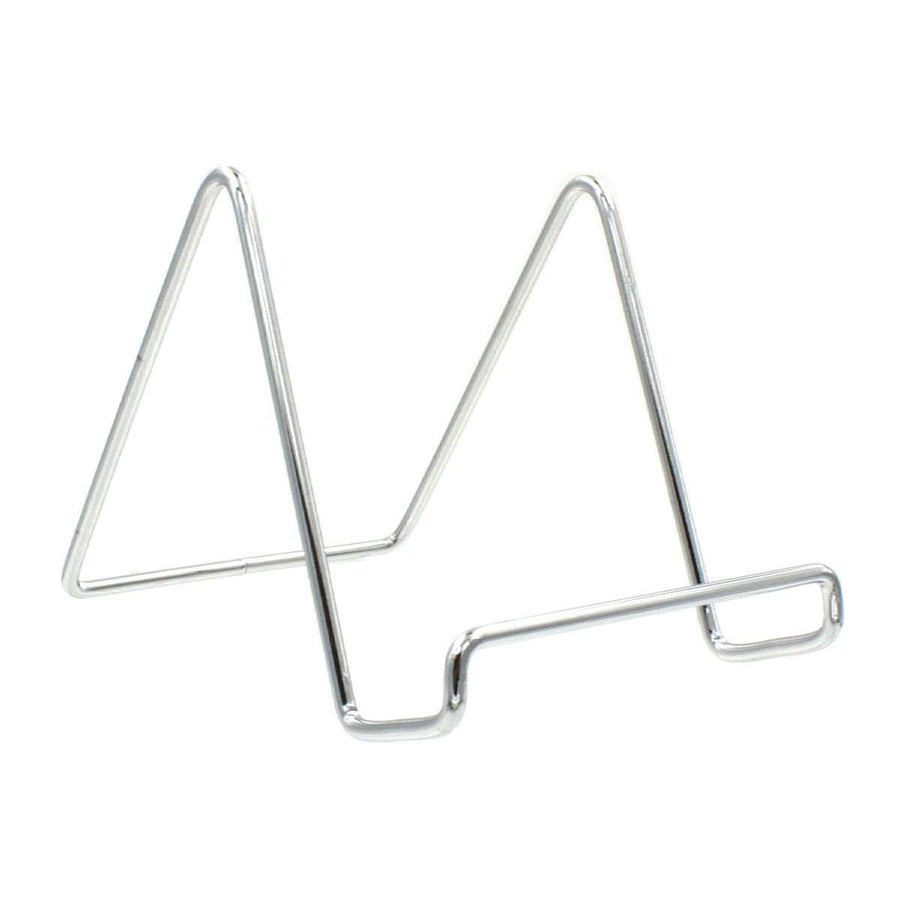 Angled view of 4" silver wire frame stand on white background