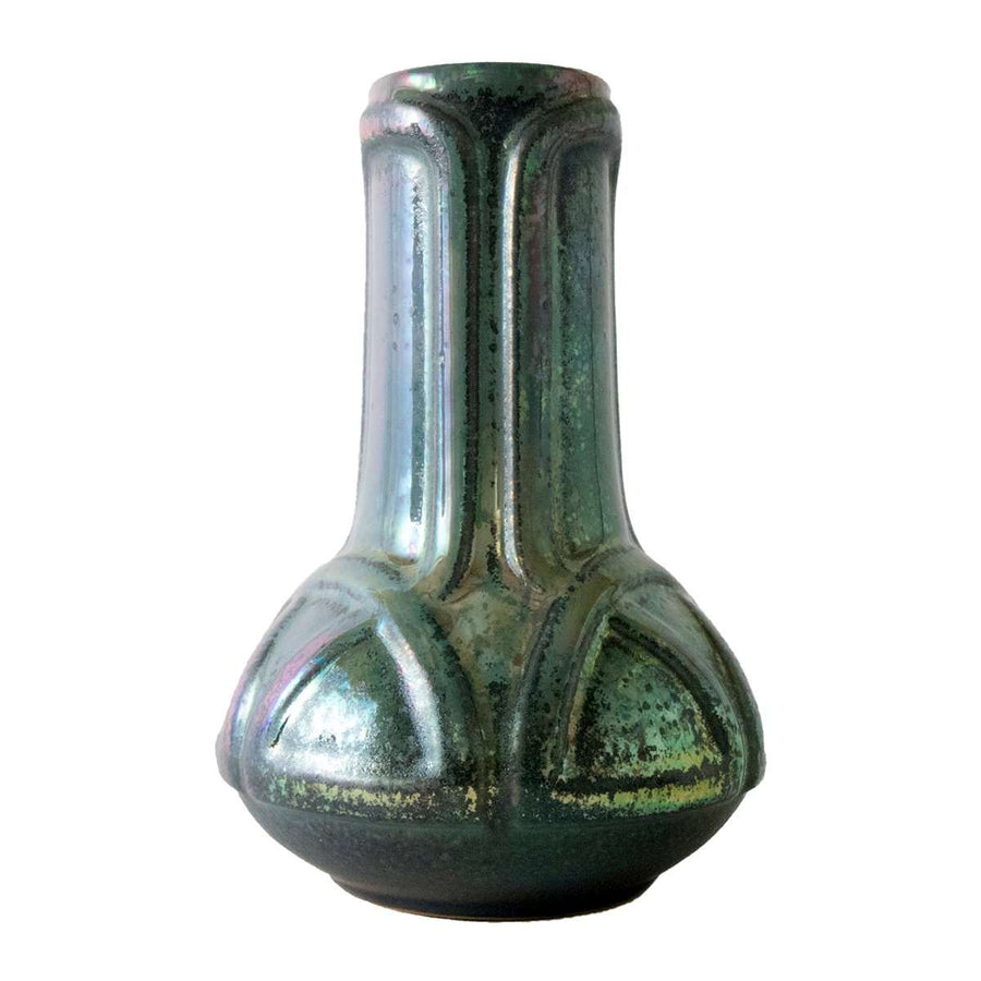 A Matte Green Iridescent glazed Celtic vase.