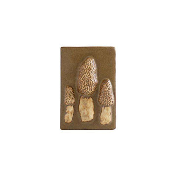 This Morel Tile features a high relief design of three morel mushrooms of varying height, the largest in the middle. The background and details on the mushrooms are in a matte brown glaze while the mushrooms themselves are scraped to reveal the creamy colored clay underneath.
